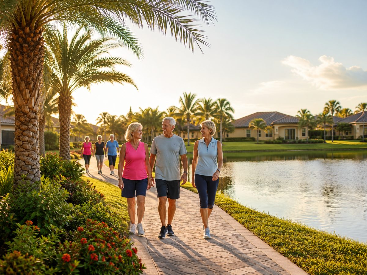 Active adults walking together along a landscaped lakeside trail
