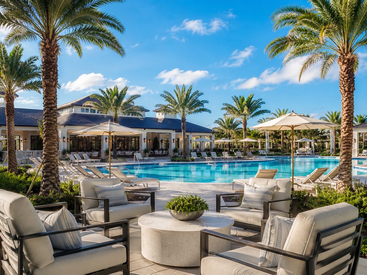 Resort style pool and outdoor lounge seating beside a clubhouse