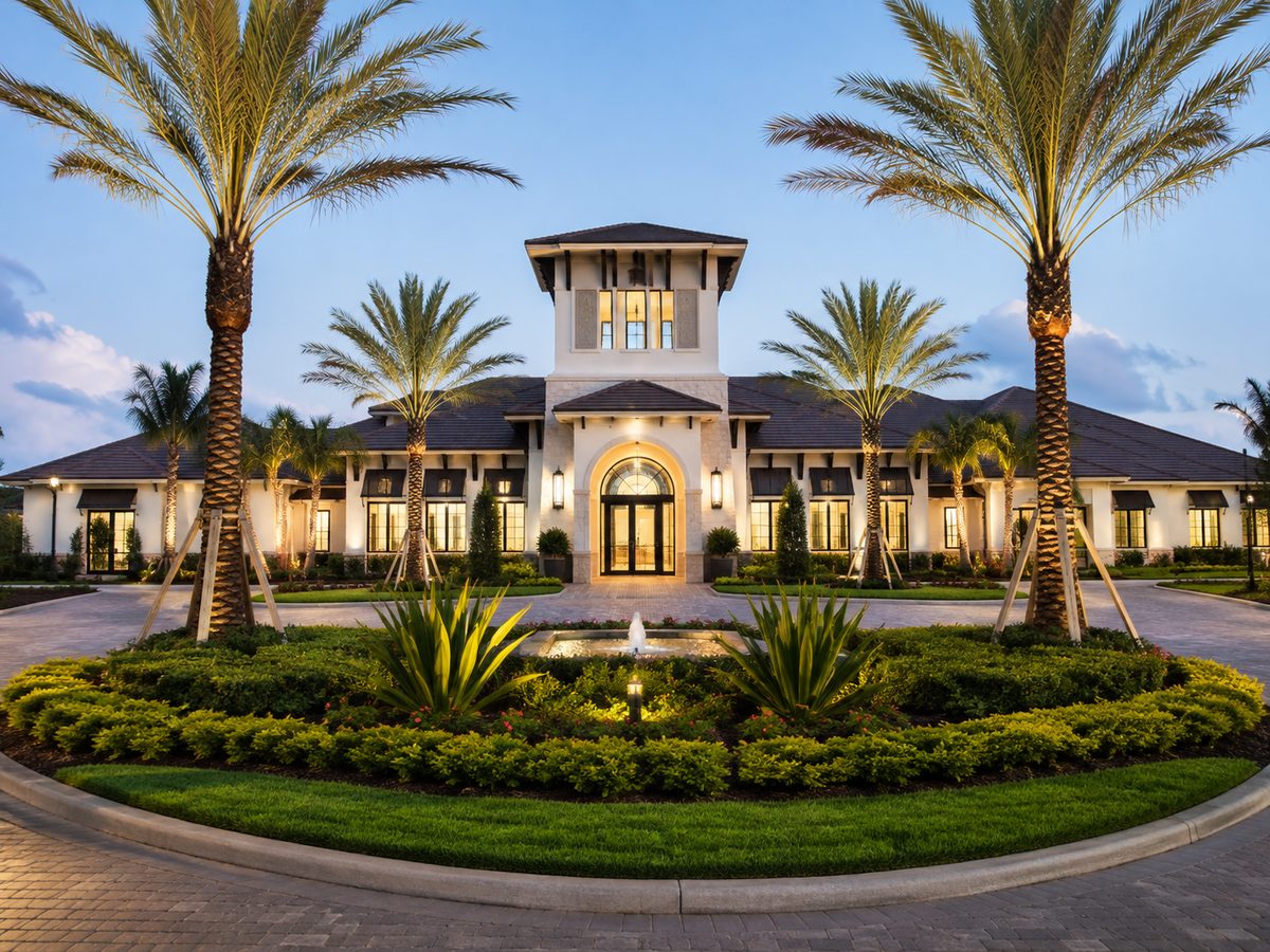 Clubhouse surrounded by palm trees and landscaping at dusk