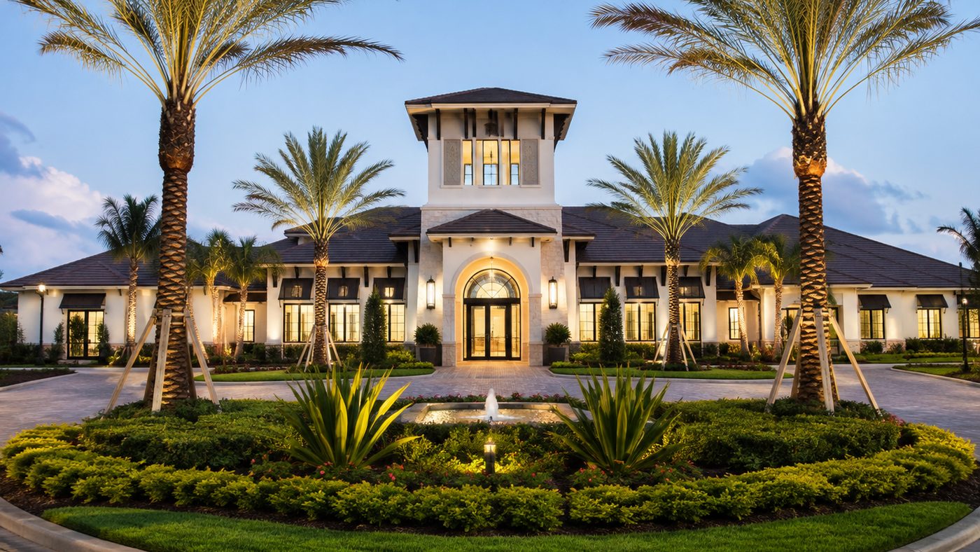 Clubhouse surrounded by palm trees and landscaping at Valencia Trails in Naples, Florida