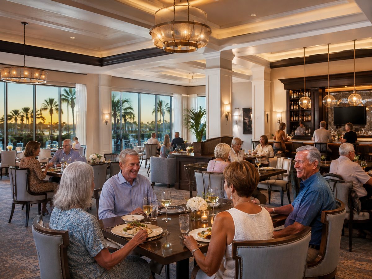 Residents dining and socializing in a clubhouse restaurant at sunset