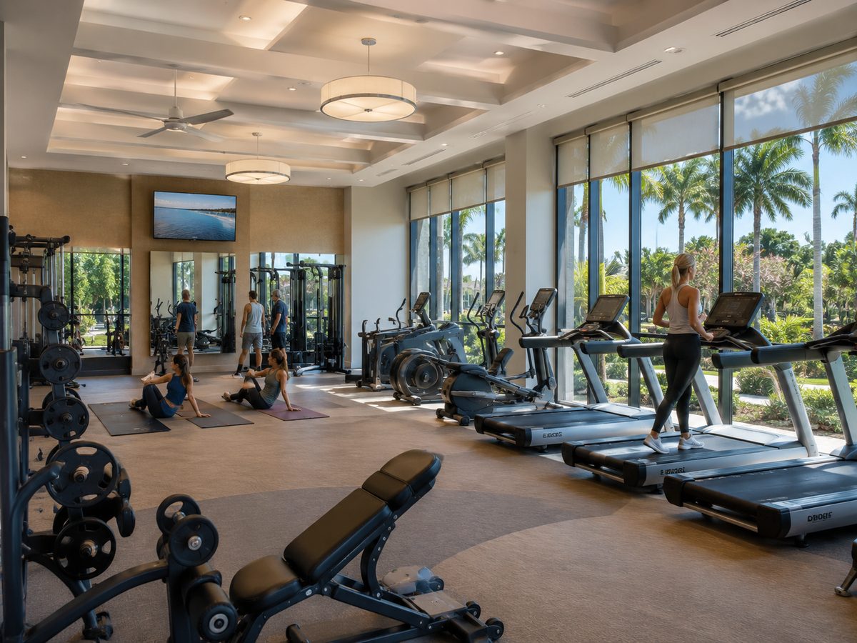 Modern community fitness center with cardio equipment and floor to ceiling windows