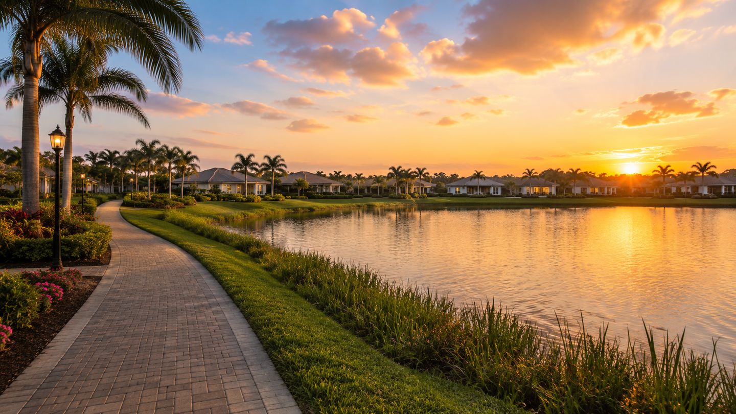 Golden hour over the lake and palms at Valencia Trails, the 55 plus community in Naples, Florida