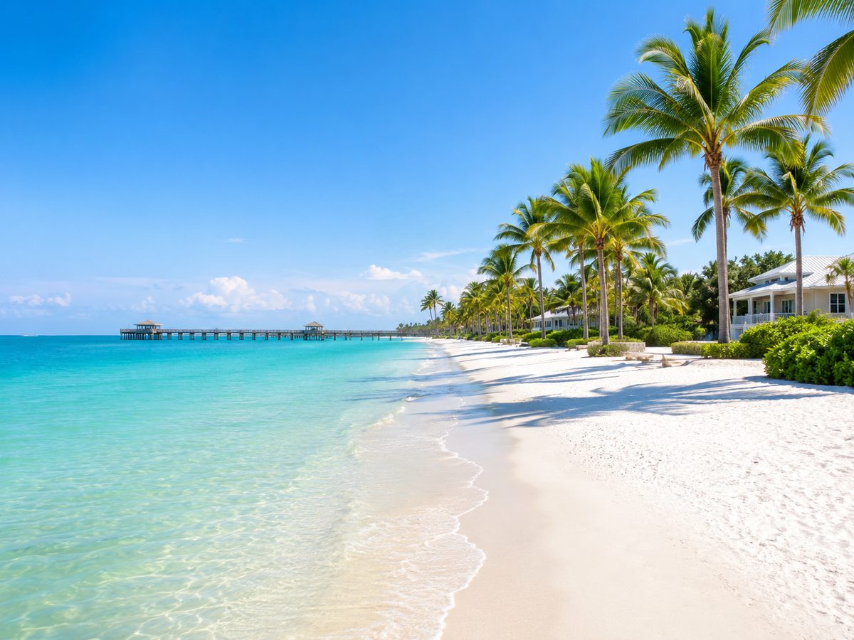 Gulf Coast beach in Naples Florida with turquoise water and palms