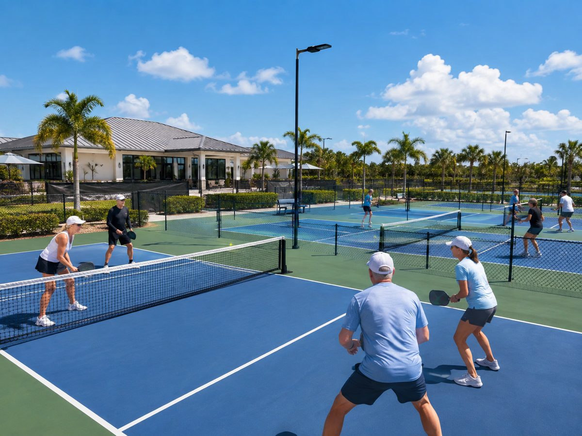 Residents playing pickleball on outdoor courts on a sunny day