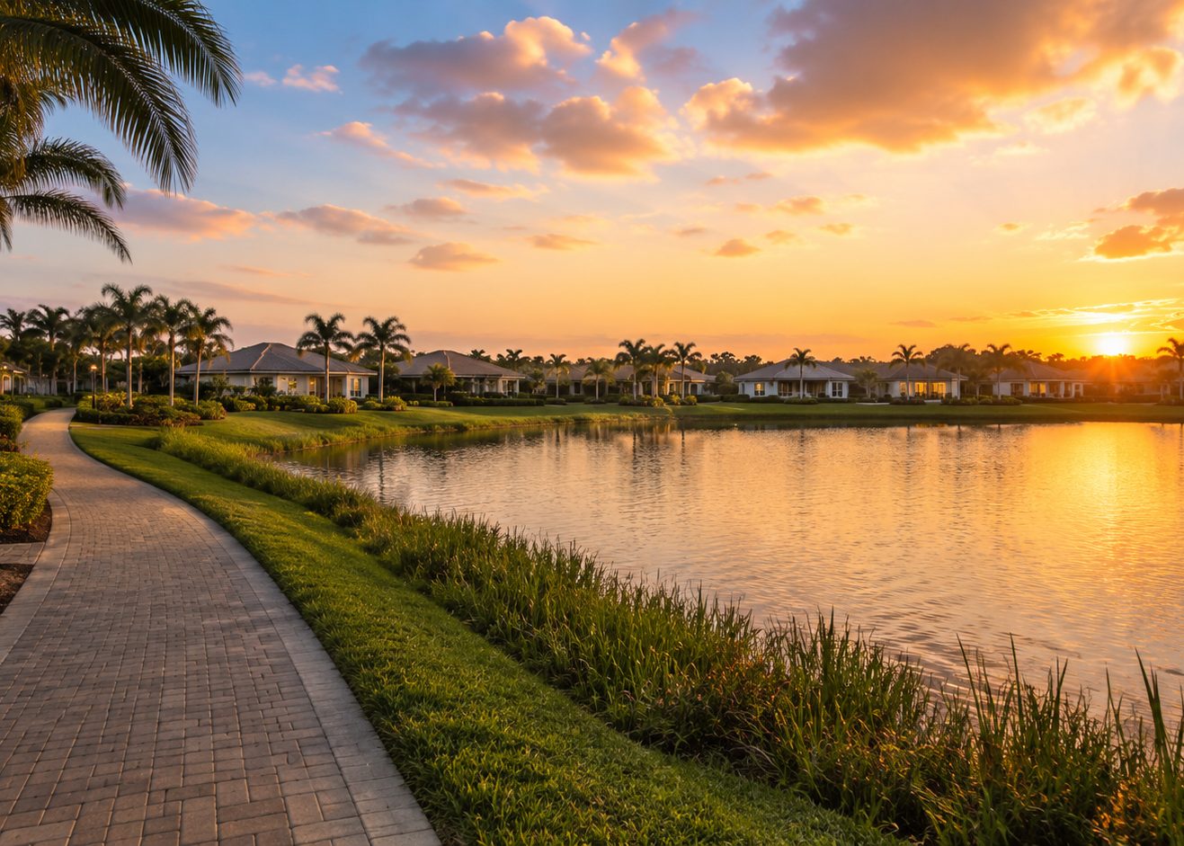 Lakefront homes reflected in the water at sunset in a Naples community