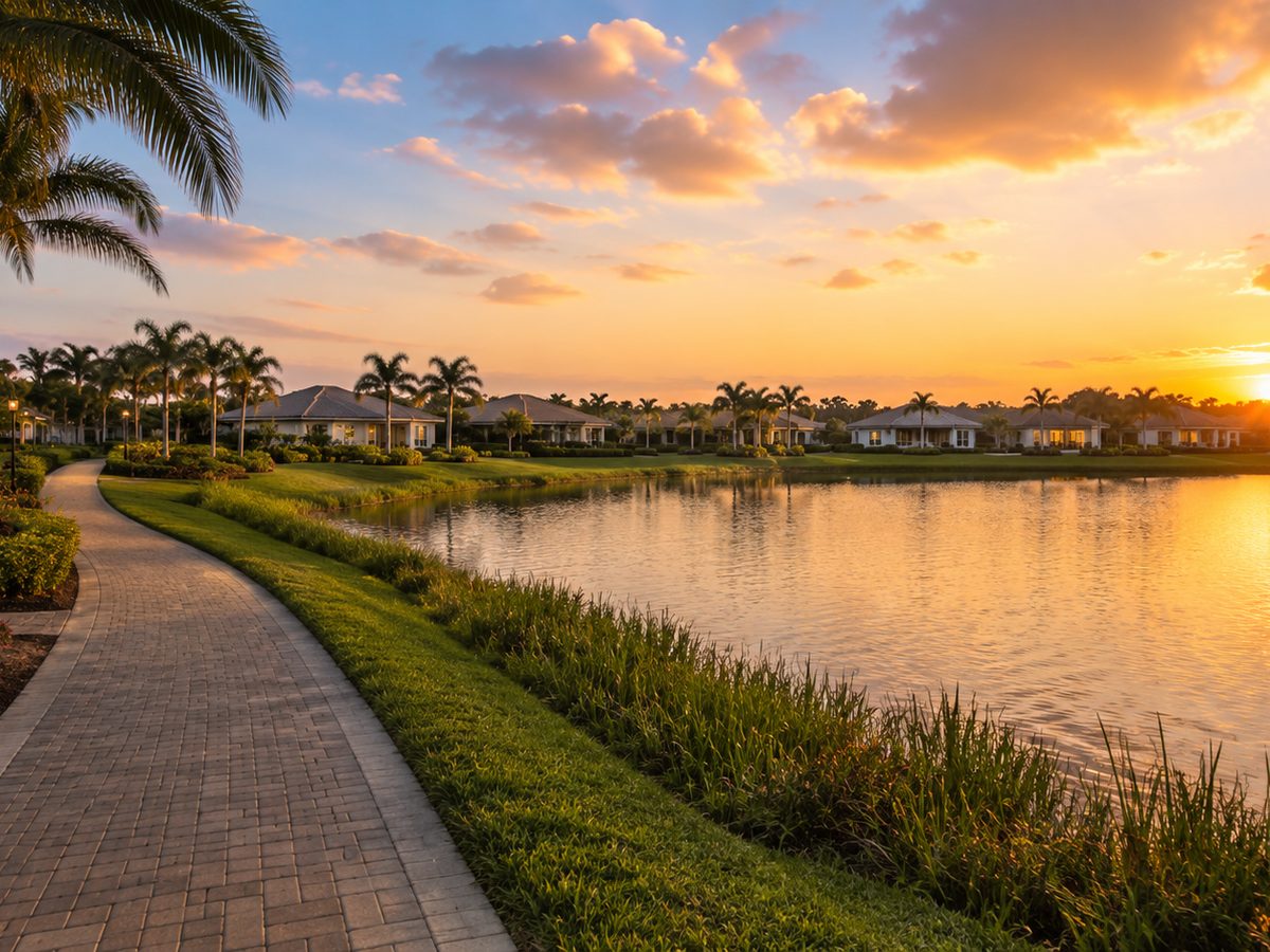 Lakeside walking trail at sunset in a Naples Florida community